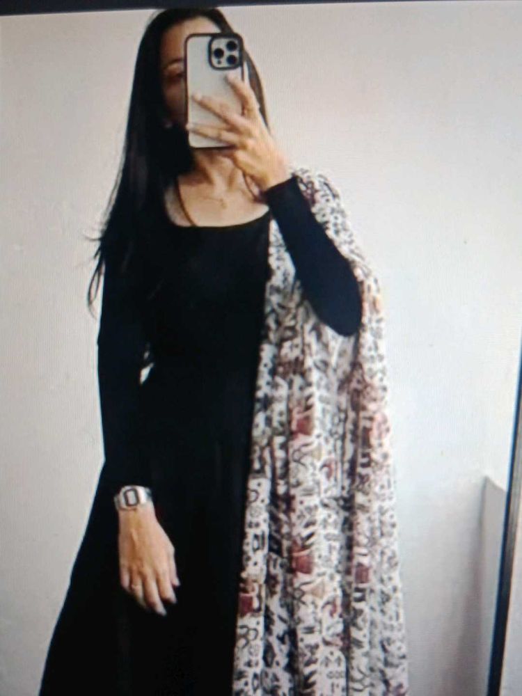Elegant Black Dress with Printed Shawl