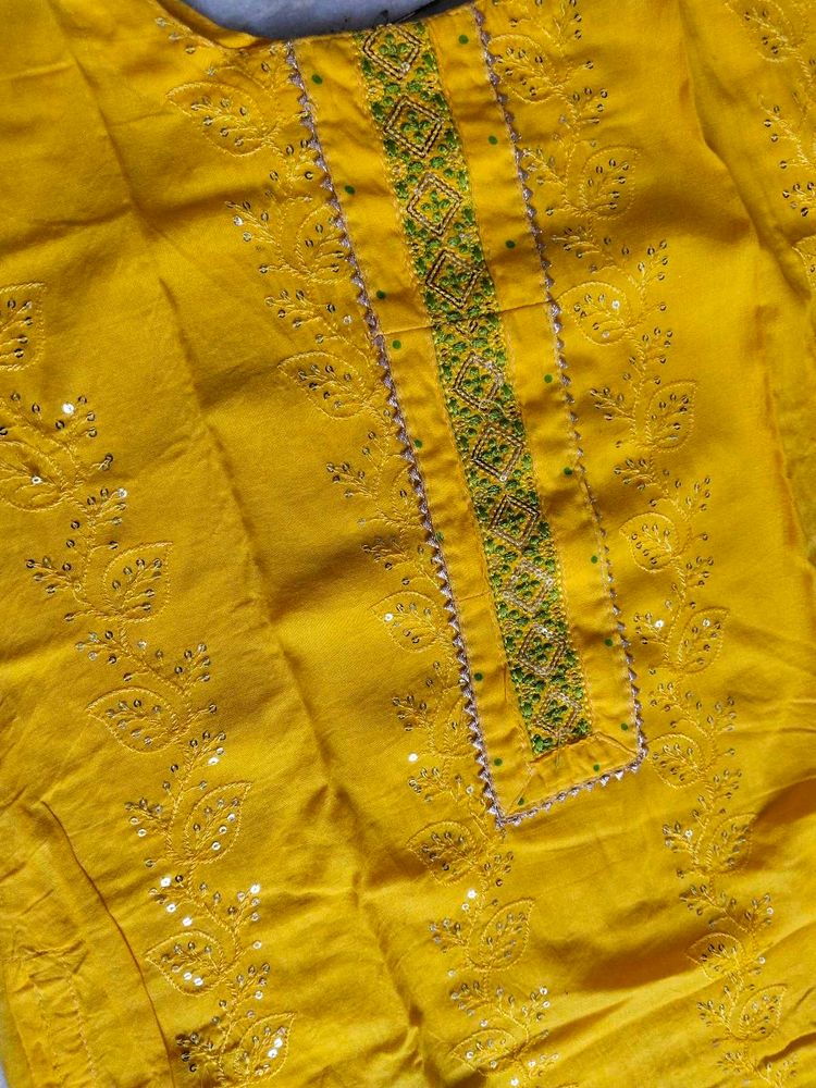 Yellow Cotton Kadai Suit Set