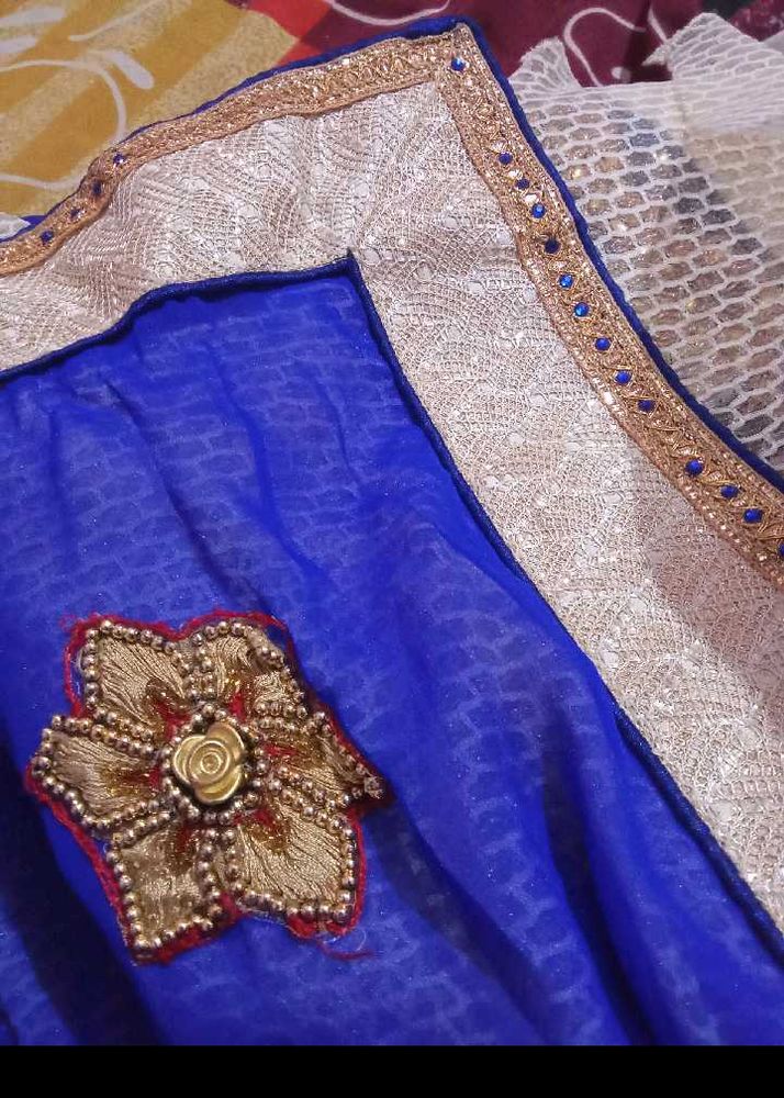 White Blue Heavy Work Saree With Blouse
