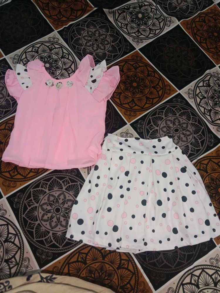 Cute Pink Top &amp; Polka Dot Skirt Set