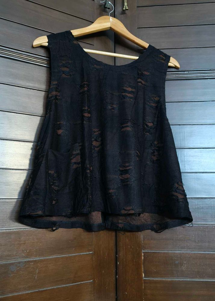 Women Black Ripped Style Casual Top