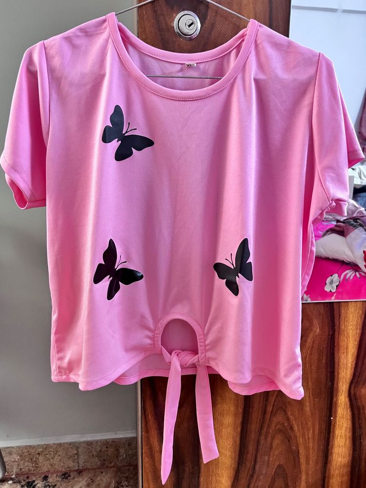 Pink Butterfly Tie-Front Tee