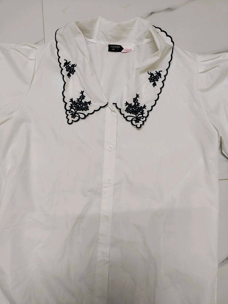 Embroidered Collar White Shirt