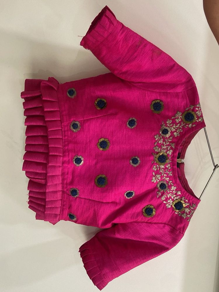 Hot Pink Raw Silk Embroidered Blouse