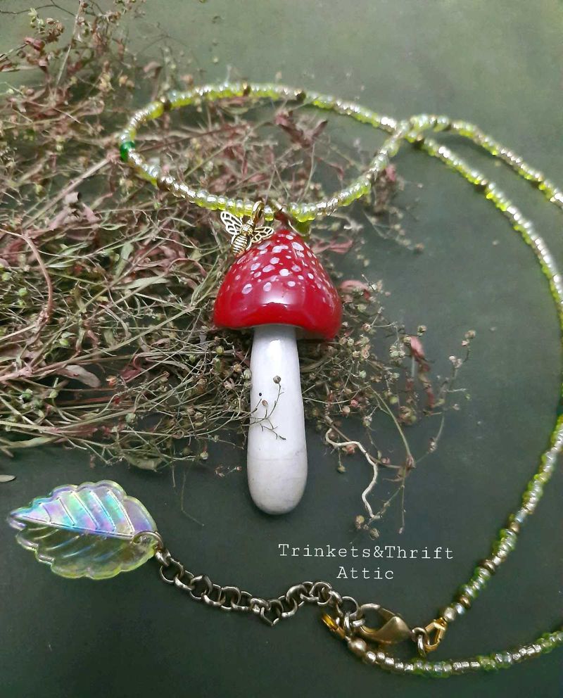 Magical Forest Clay Mushroom beaded necklace