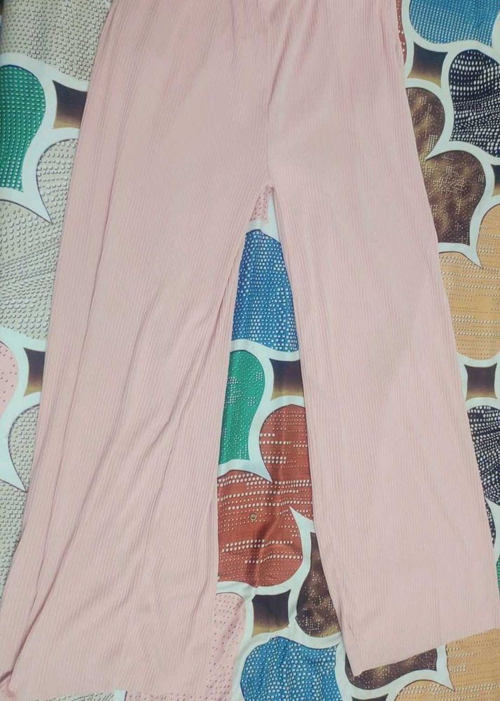 Pink Ribbed Wide Leg Pants