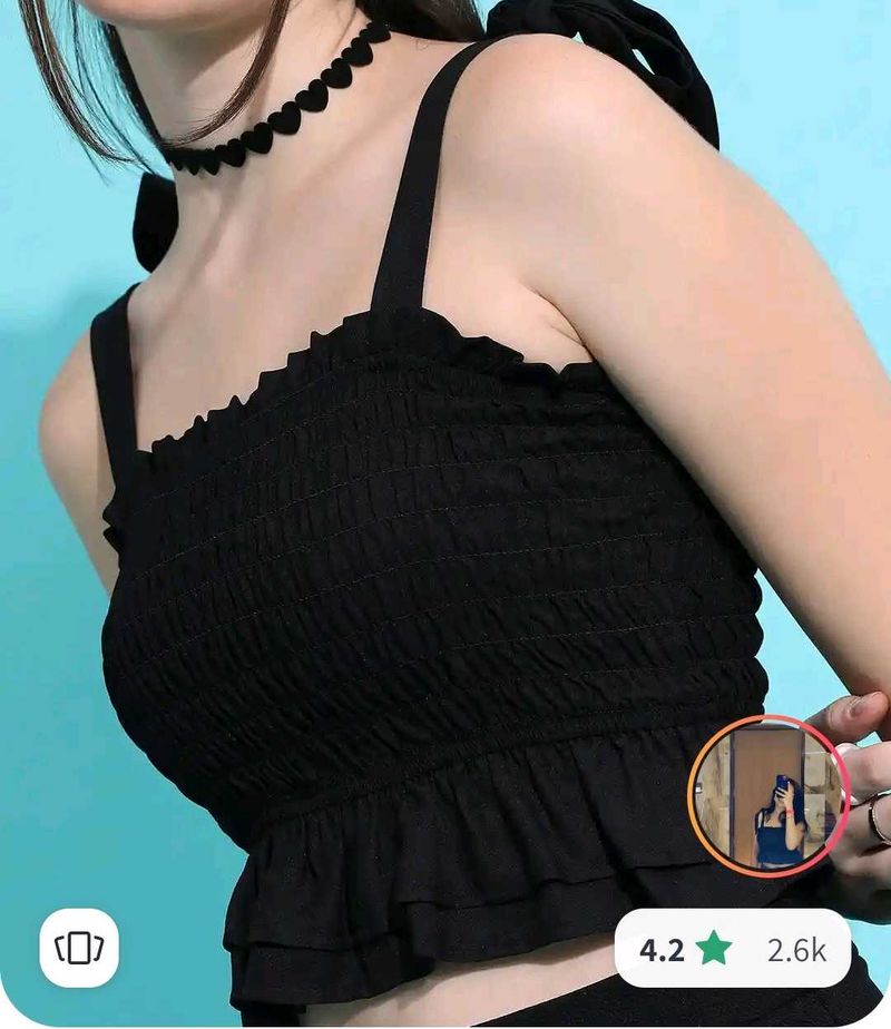 Black smocked fitted crop top