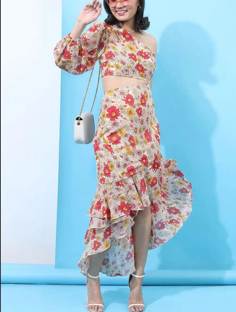 Floral One-Shoulder Crop &amp; Ruffle Skirt Set