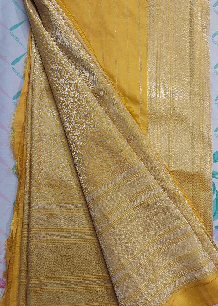 Elegant Yellow Pure Banaras Broked Saree