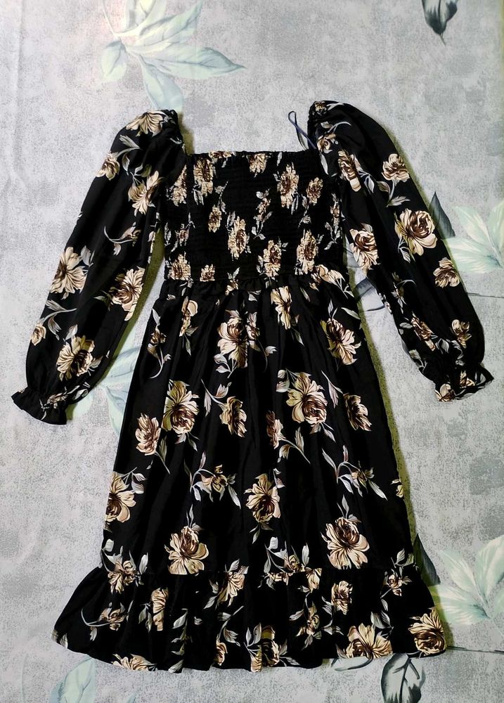 Floral Print Smocked Black Dress