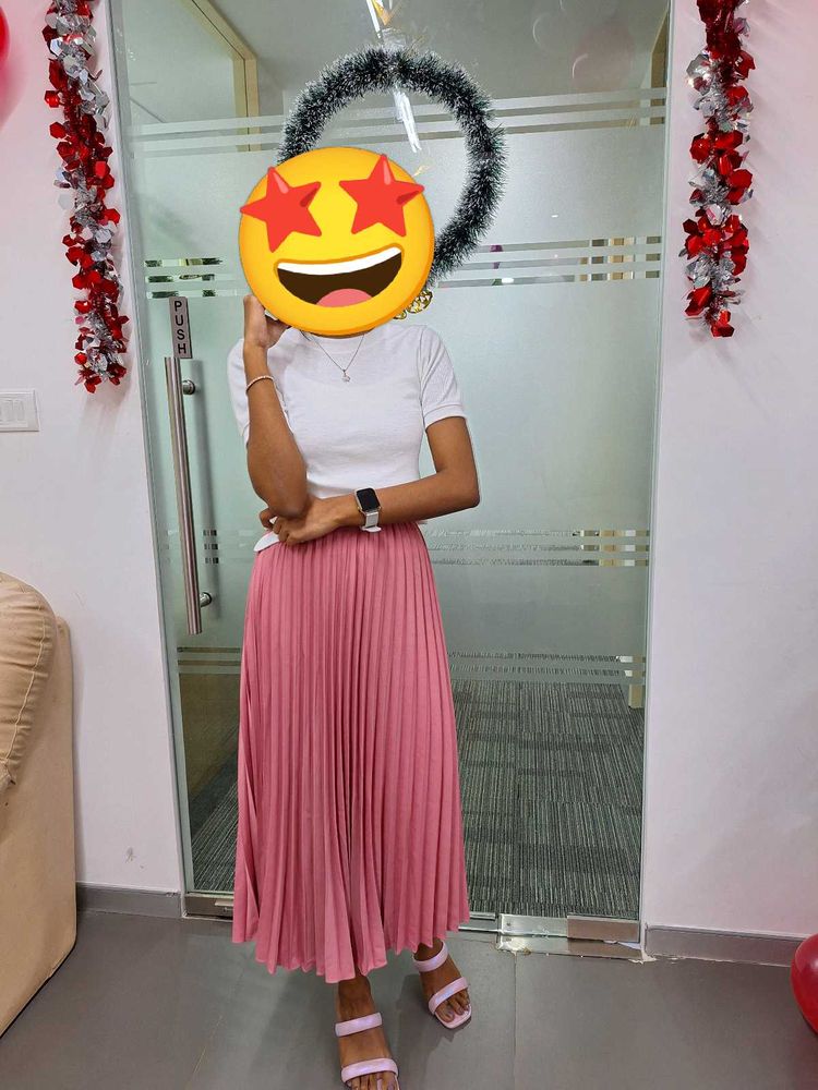 Pink Pleated Midi Skirt