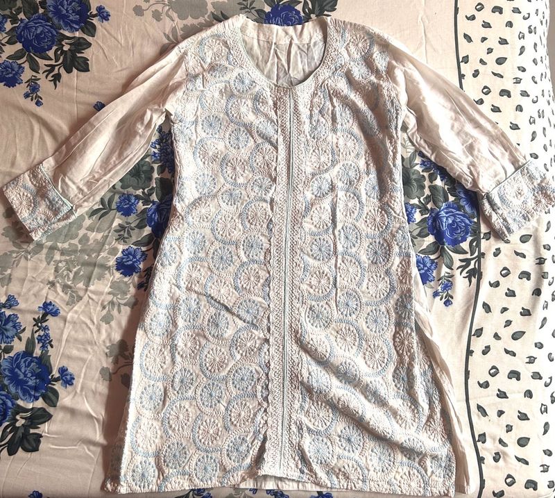 Embroidered Cotton White Kurti