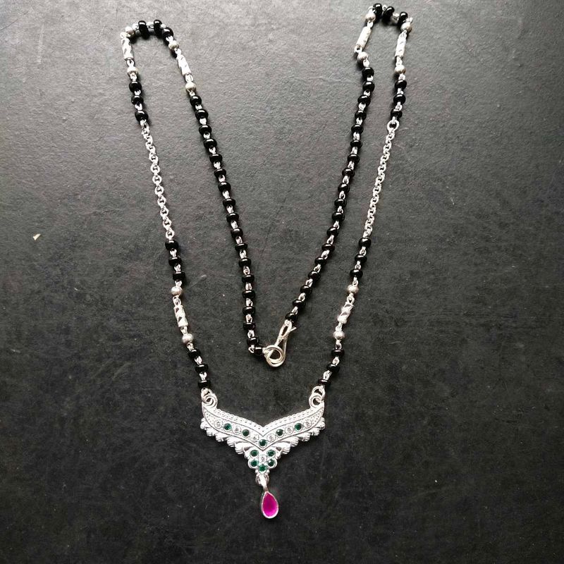 Pure Silver Beautiful Green &amp; Pink CZ Mangalsutra