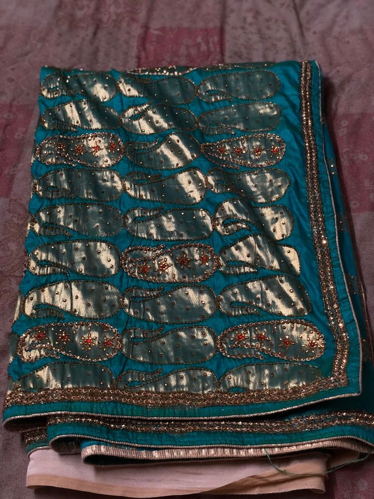 Teal &amp; Gold Embellished Sari
