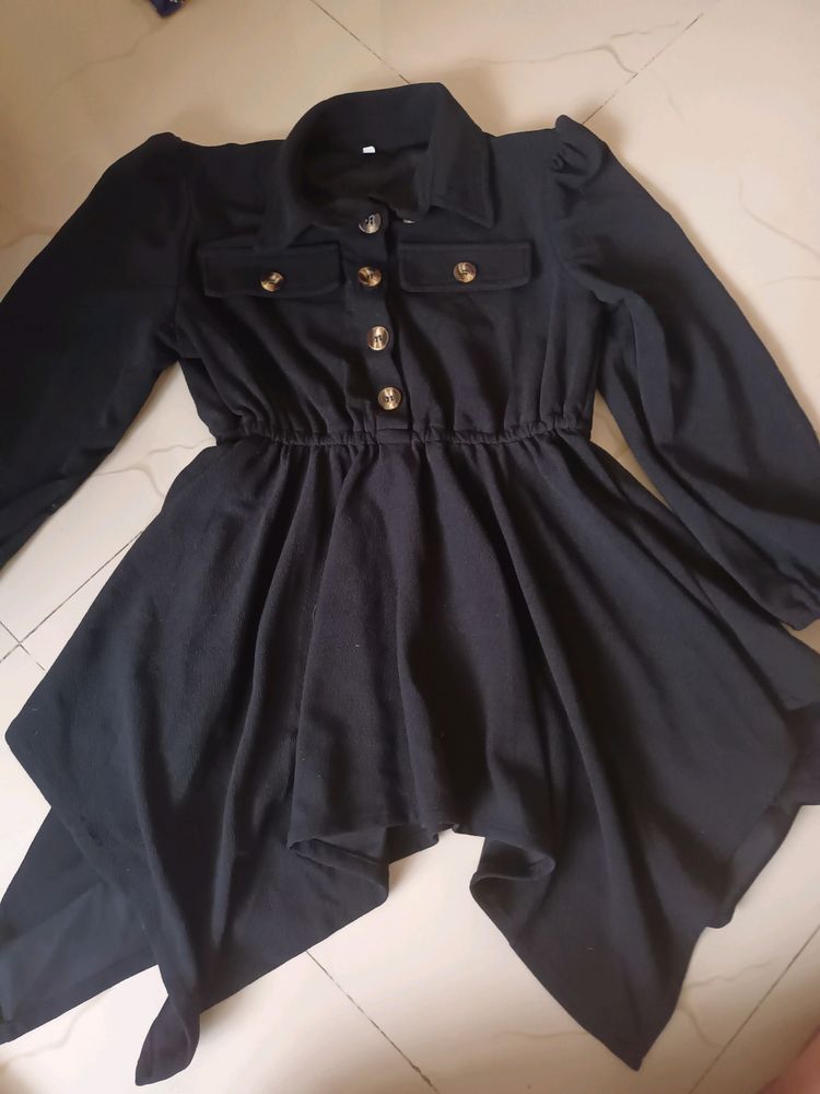 Black Colour Buttoned Bishop Sleeve Top/dress