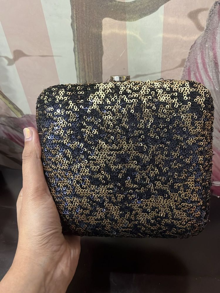 Black Golden Sequin Hard Clutch With Bead Chain