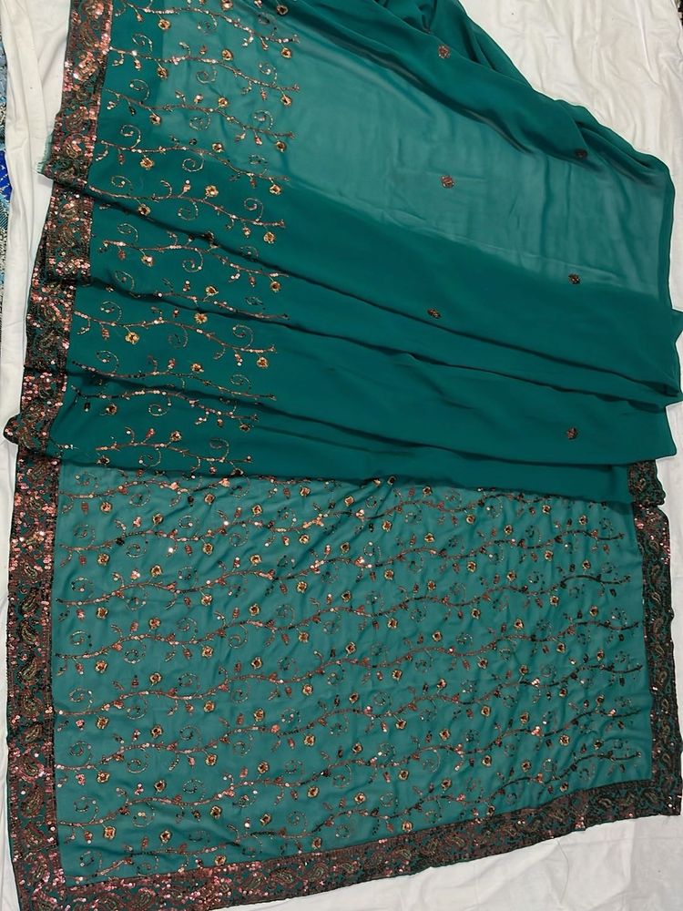 Emerald Green Floral Embroidered Saree