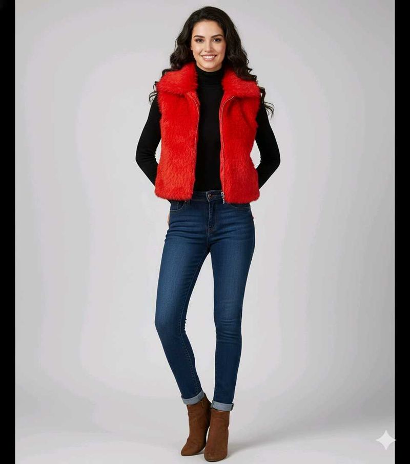 Red Faux Fur Zip Up Vest