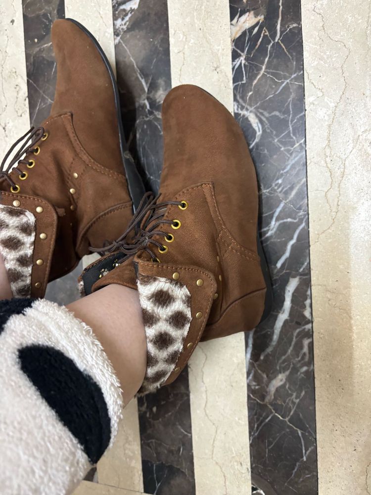 Brown Ankle Boots with Leopard Detail