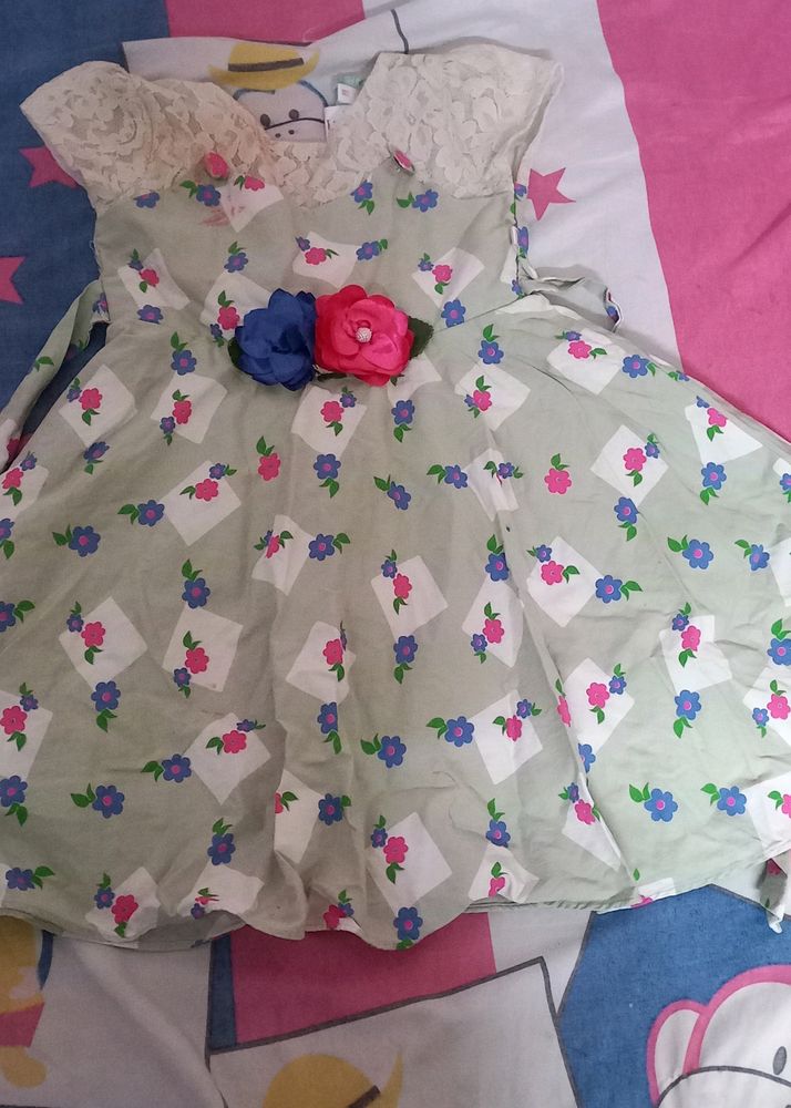 3 Years Baby Girl White And Greey Pink Colur Miksed Frock