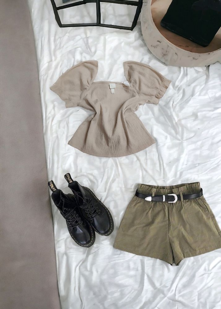 H&amp;M Cream Beige Off Shoulder Puff Sleeve Blouse