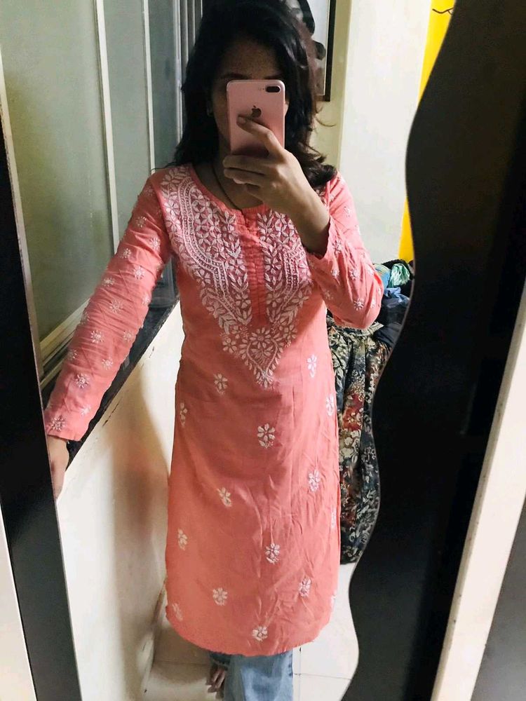 Peach Chikankari Kurti
