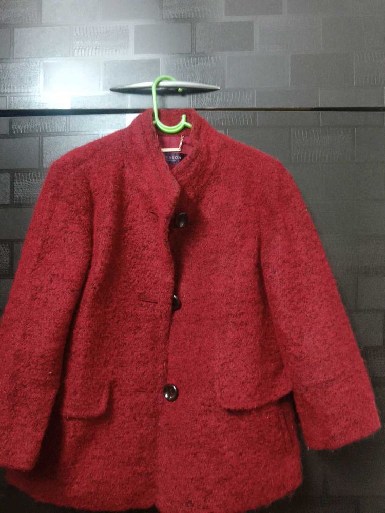 Red Textured Wool Blend Coat