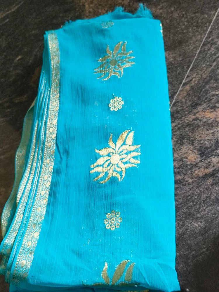 Elegant Blue &amp; Gold Design Saree