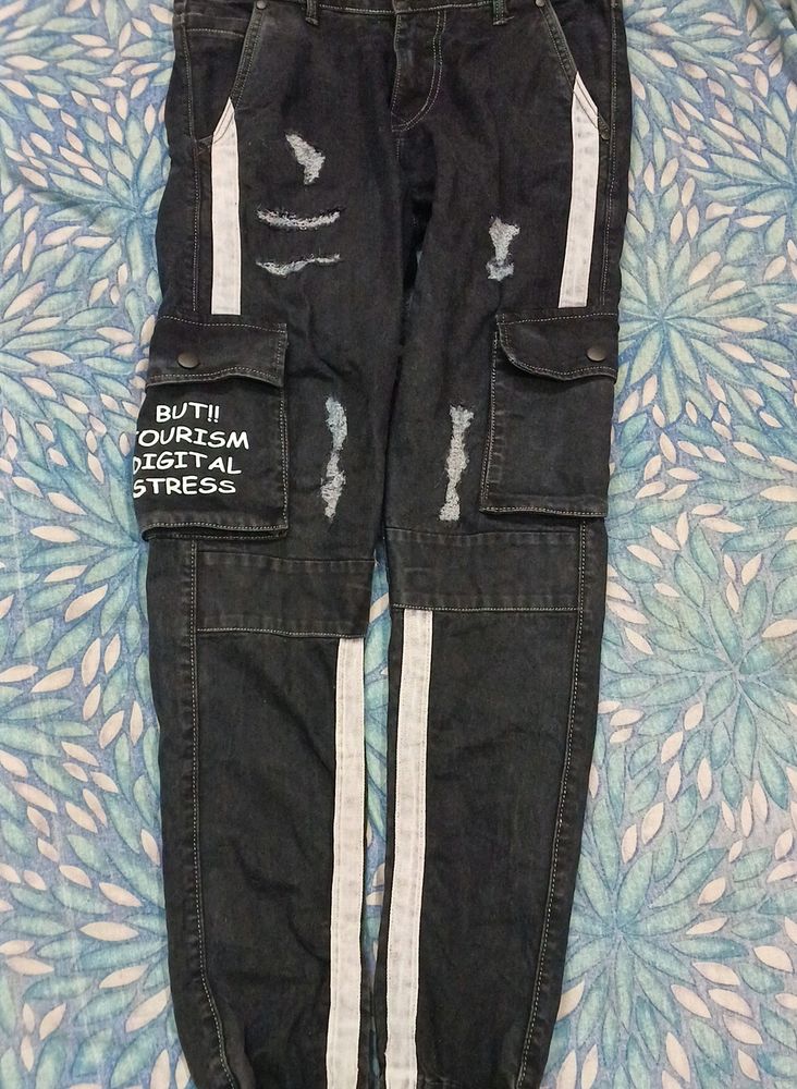 Jhon Club Men Side Pockets Ripped Stretch Straight Jeans Cargo Denim Pants