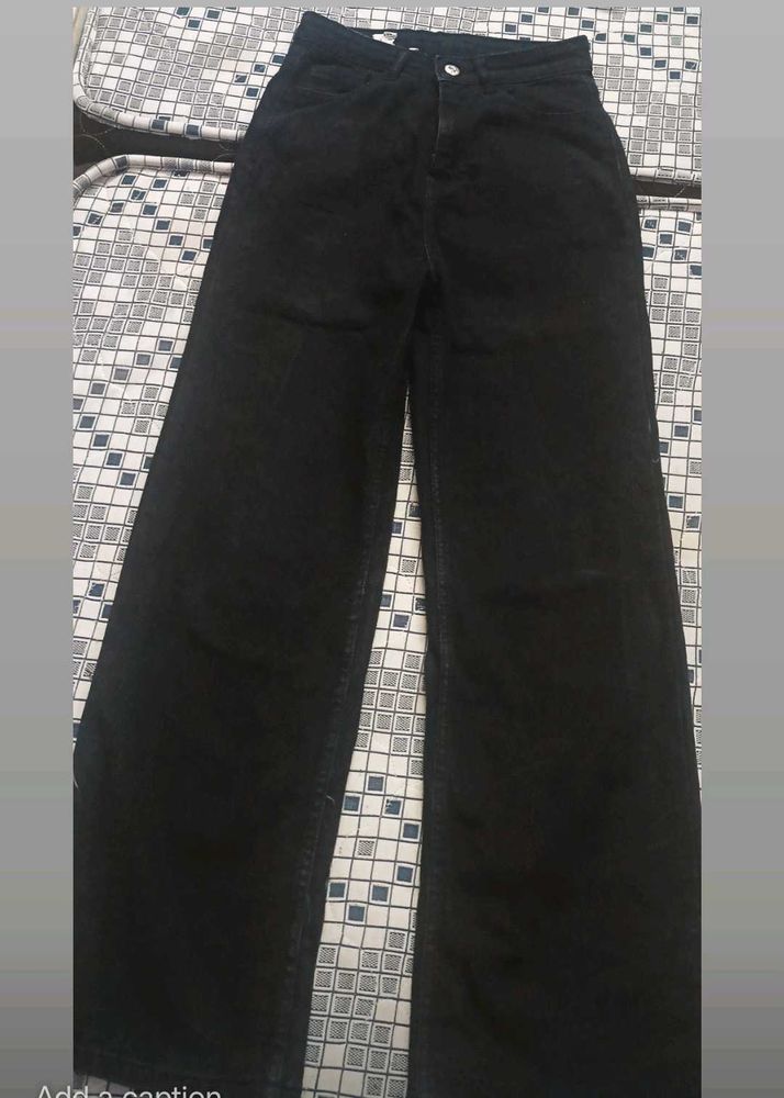 Women Solid Denim High Waist Wide Leg Jeans Pants