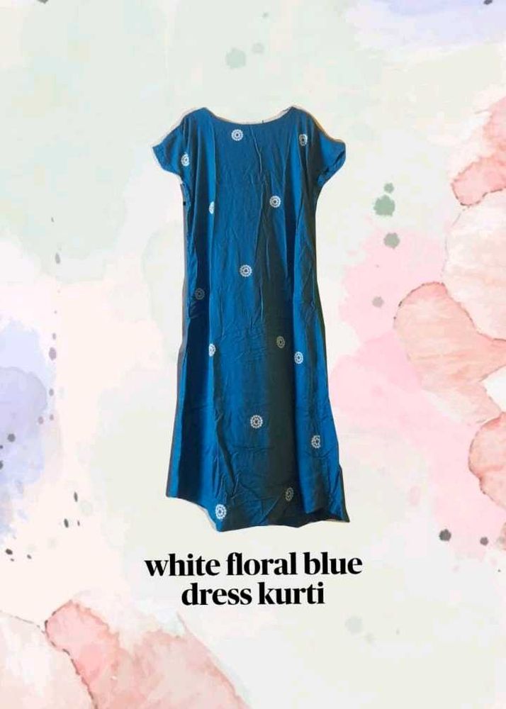 White Floral Printed Blue Kurti - Size L