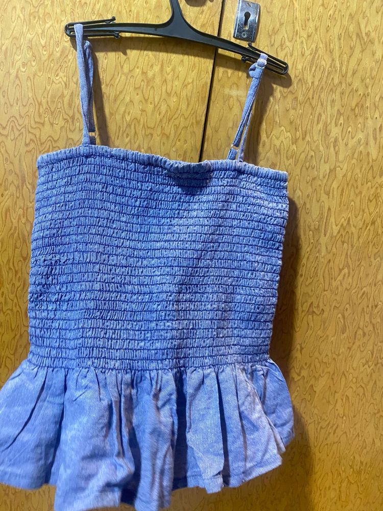 Blue Smocked Ruffle Tank