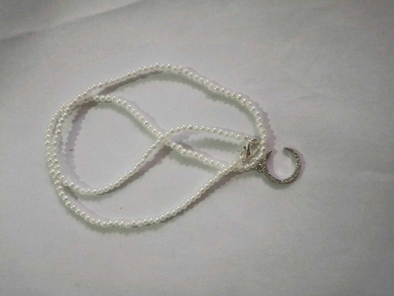 Pearl Beaded Choker with Rhinestone Crescent Moon