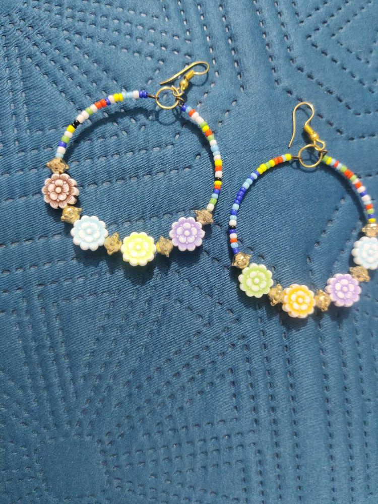 Boho Beaded Flower Hoop Earrings
