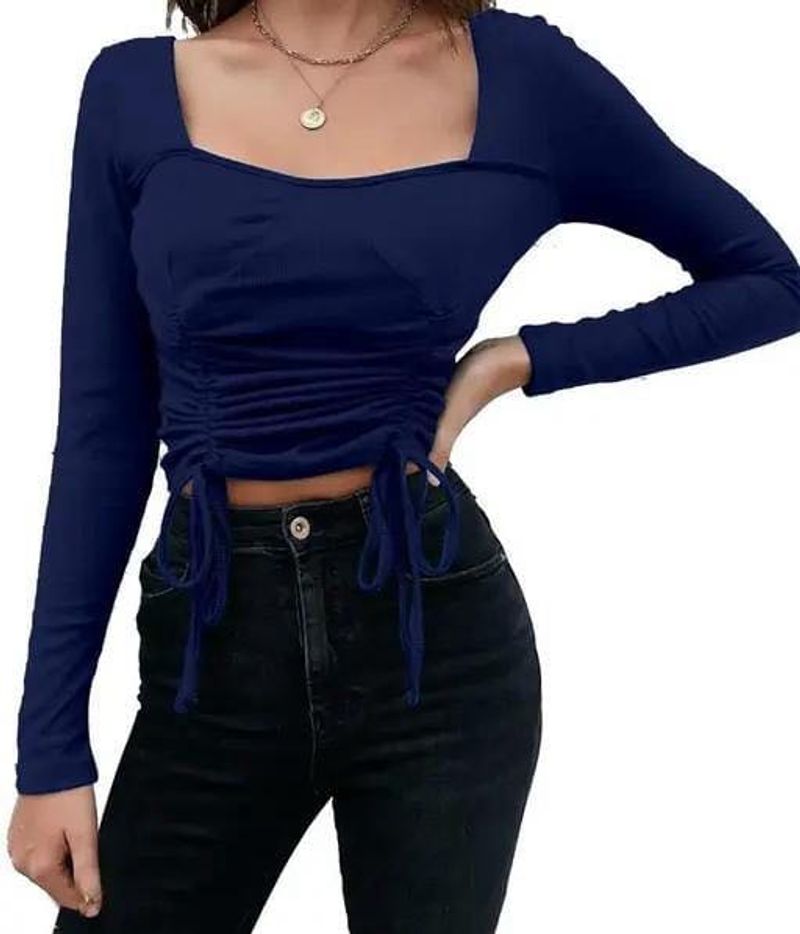 Navy Blue Ruched ribbed  Drawstring Top