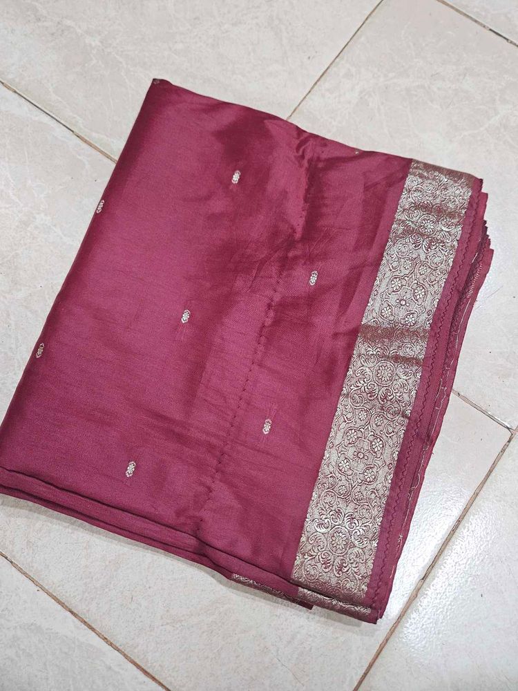 Elegant burgundy Saree with silver border