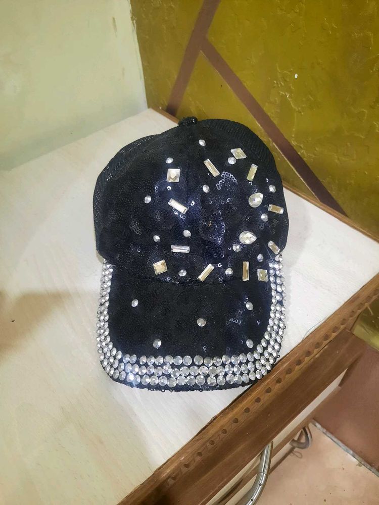 Rhinestone Embellished Black Cap