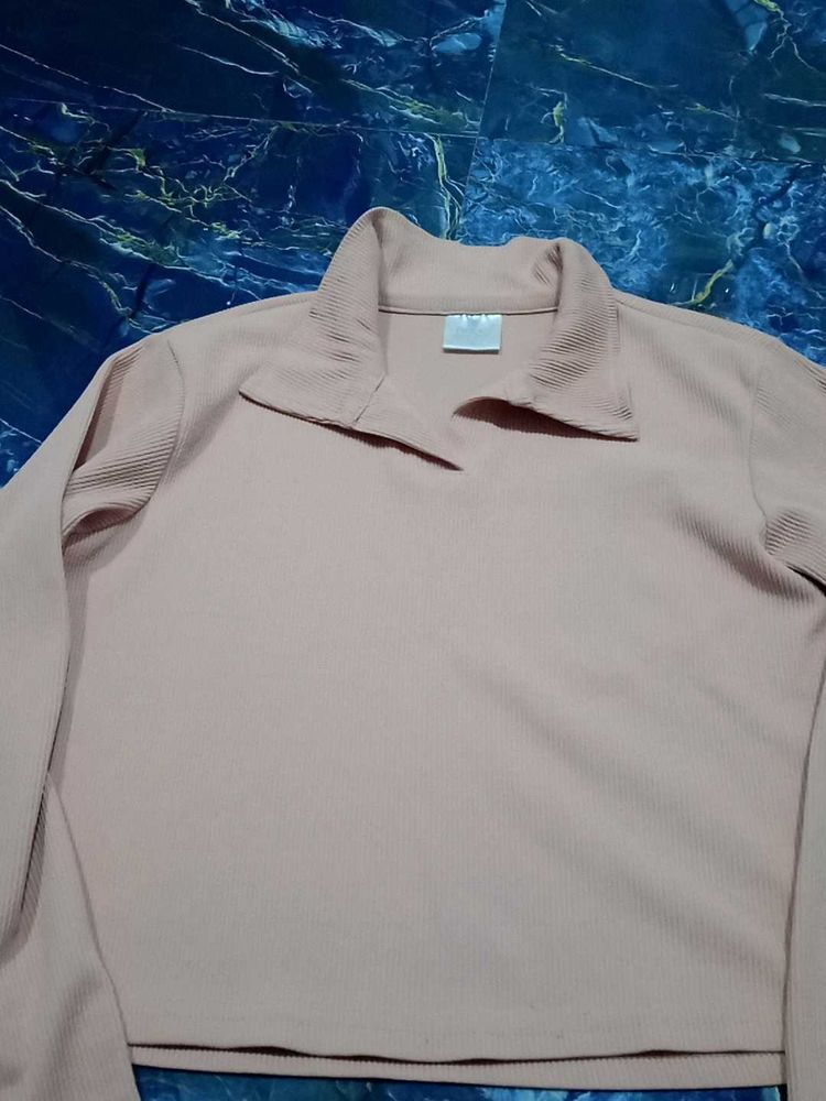 Pink Ribbed Polo Crop Top