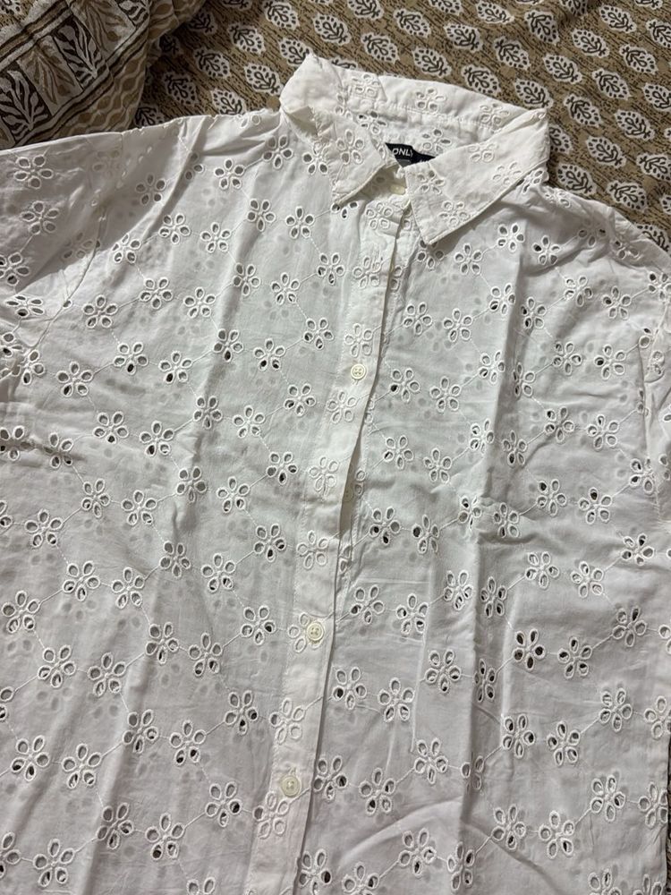 White Eyelet Button-Down Shirt