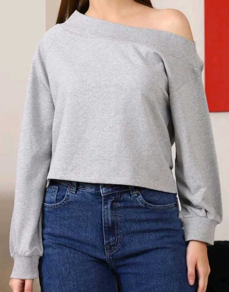 Gray Off-Shoulder Long Sleeve Top