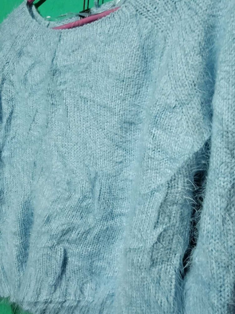 Fluffy Blue Knit Sweater