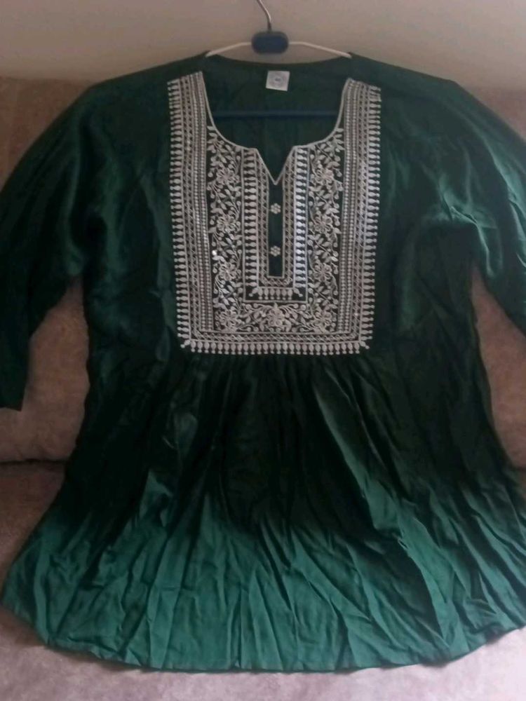 Green Embroidered Short Kurti