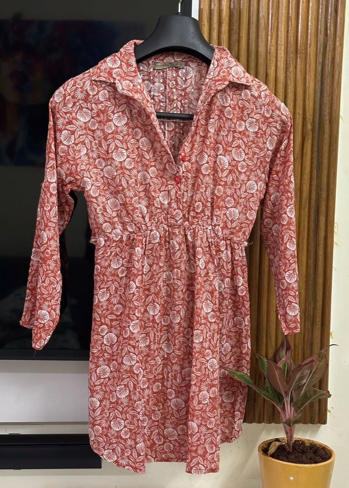 Rust - Floral Print Shirt Dress Size - 34-36