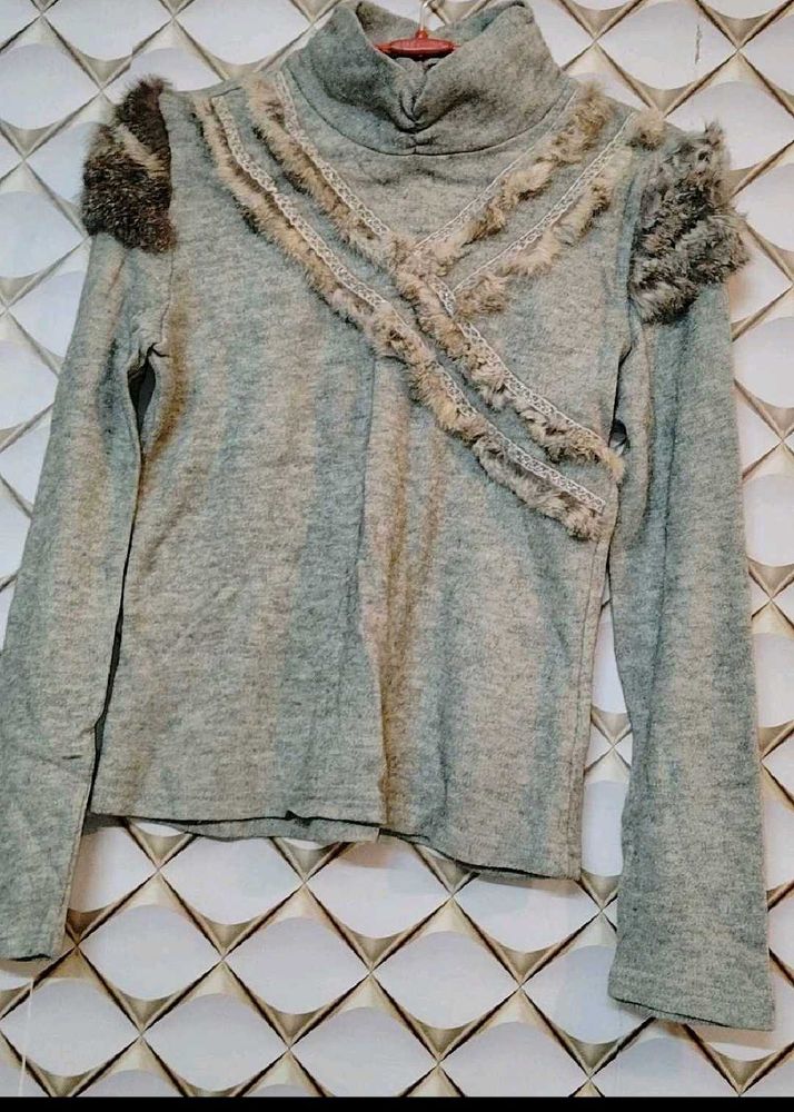 Grey Top with Fur Detail