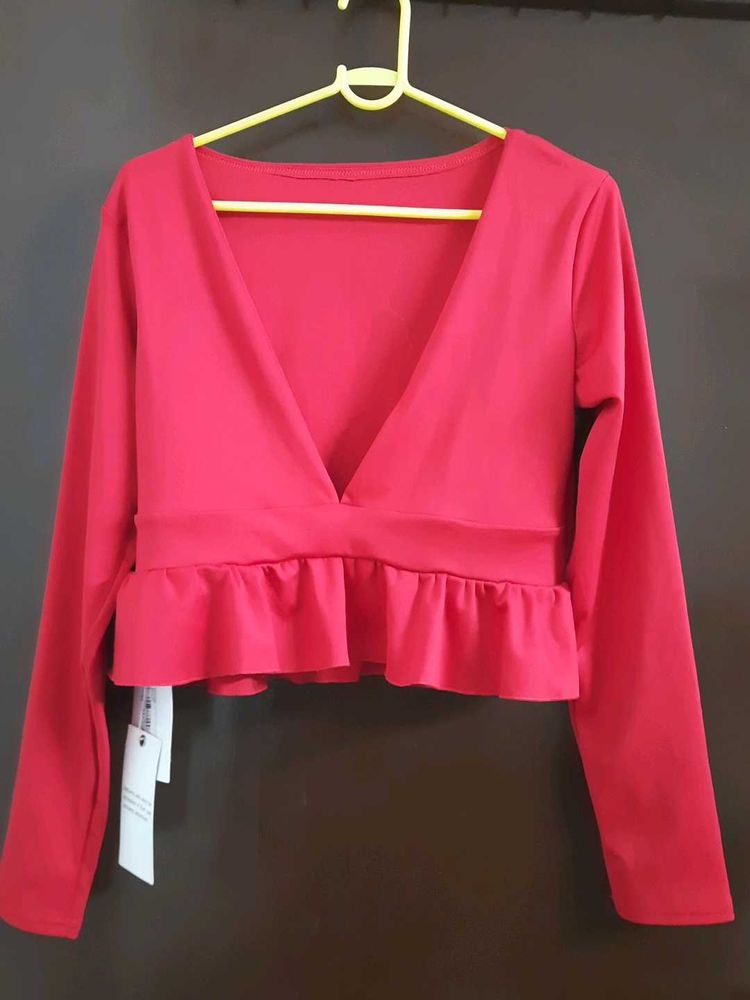 Red Ruffle Hem Long Sleeve Top