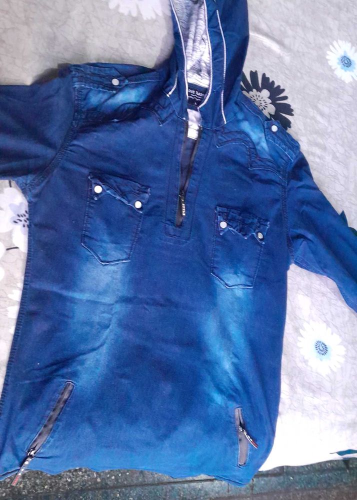 Blue Denim Hooded Shirt