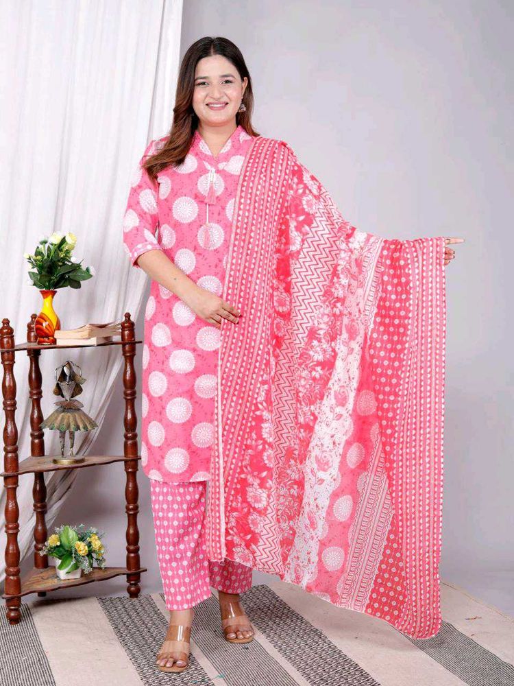 Beautiful Rose Pink Printed Cotton Suit Set
