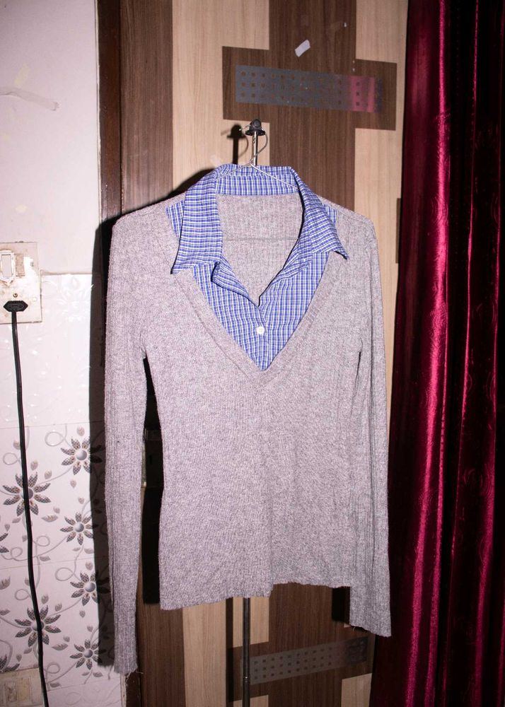 Grey V-Neck Knit Top with Blue Shirt