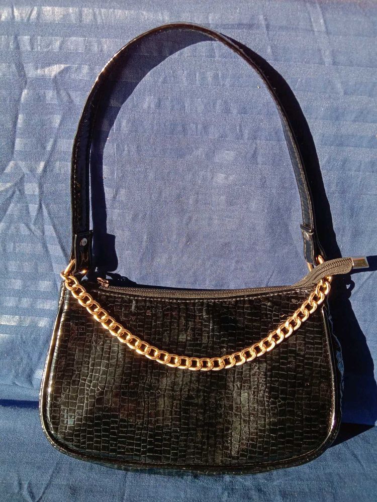 Black Croc Embossed Chain Shoulder Bag