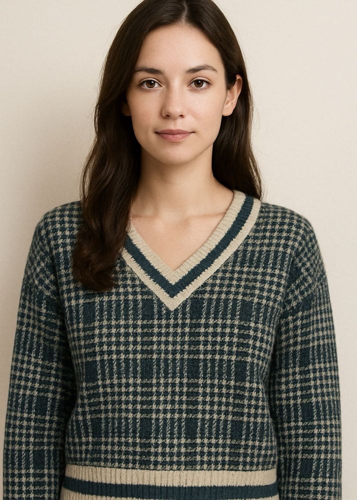 Vintage-Inspired V-Neck Plaid Knit Pullover